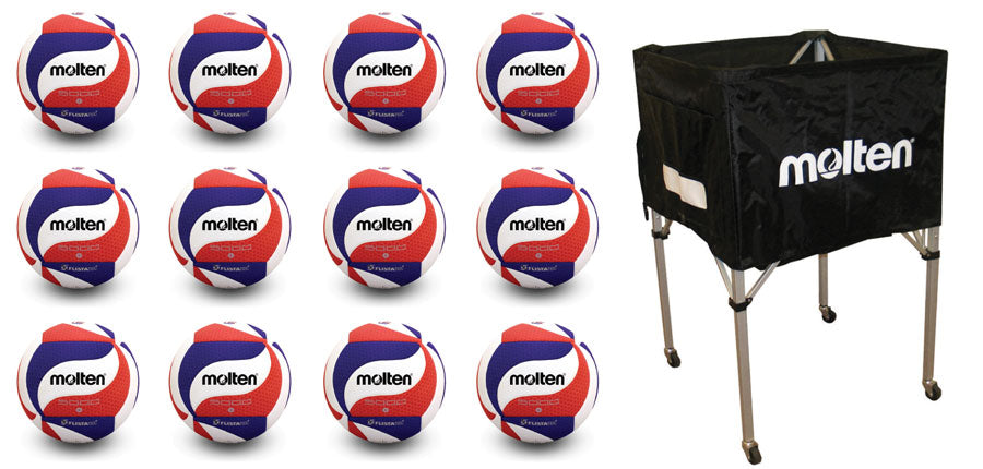 12 molten usav volleyballs with molten square ball cart